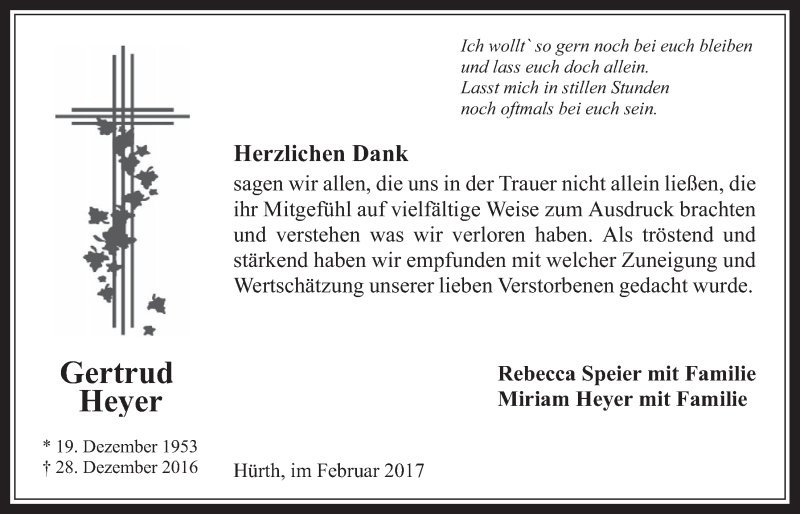  Traueranzeige für Gertrud Heyer vom 15.02.2017 aus  Wochenende 