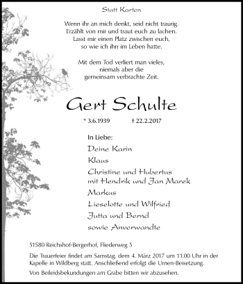 Anzeige von Gert Schulte von Kölner Stadt-Anzeiger / Kölnische Rundschau / Express