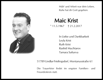 Anzeige von Maic Krist von Kölner Stadt-Anzeiger / Kölnische Rundschau / Express