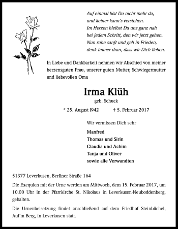Anzeige von Irma Klüh von Kölner Stadt-Anzeiger / Kölnische Rundschau / Express