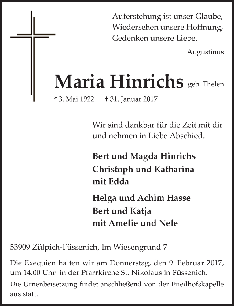  Traueranzeige für Maria Hinrichs vom 04.02.2017 aus  Blickpunkt Euskirchen 