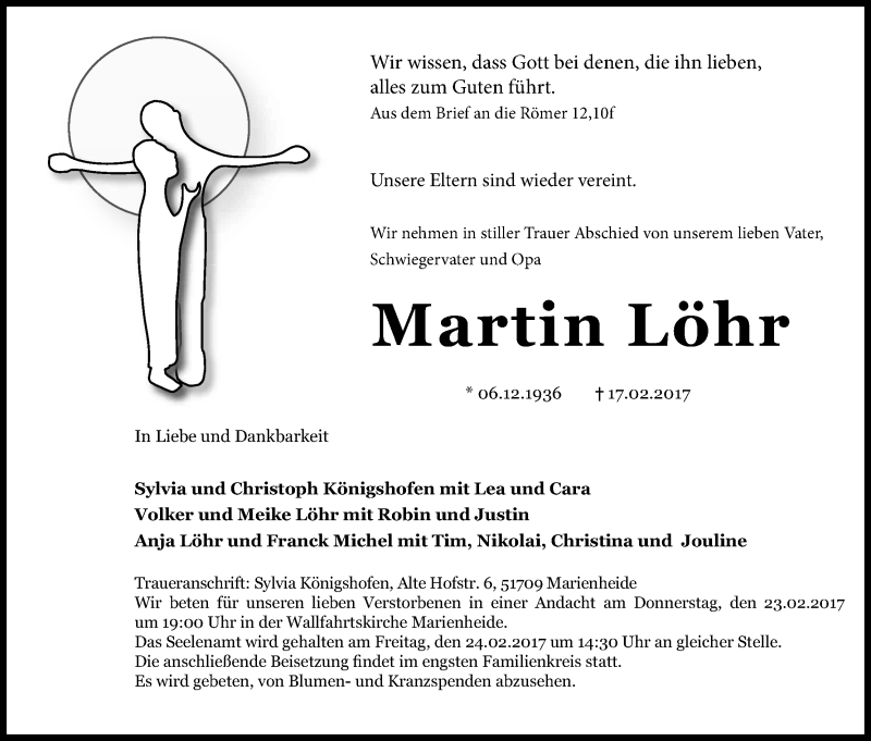  Traueranzeige für Martin Löhr vom 22.02.2017 aus Kölner Stadt-Anzeiger / Kölnische Rundschau / Express