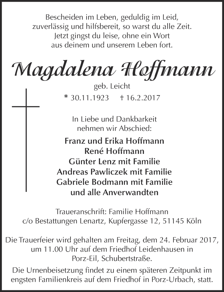  Traueranzeige für Magdalena Hoffmann vom 22.02.2017 aus  Kölner Wochenspiegel 