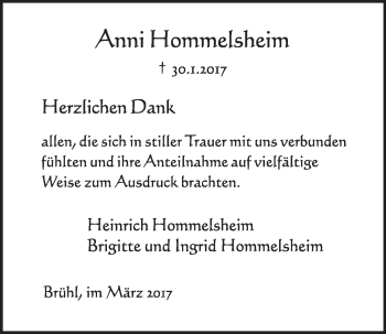 Anzeige von Anni Hommelsheim von  Schlossbote/Werbekurier 