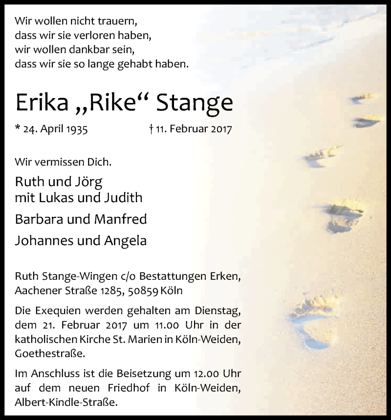  Traueranzeige für Erika  Stange vom 18.02.2017 aus Kölner Stadt-Anzeiger / Kölnische Rundschau / Express