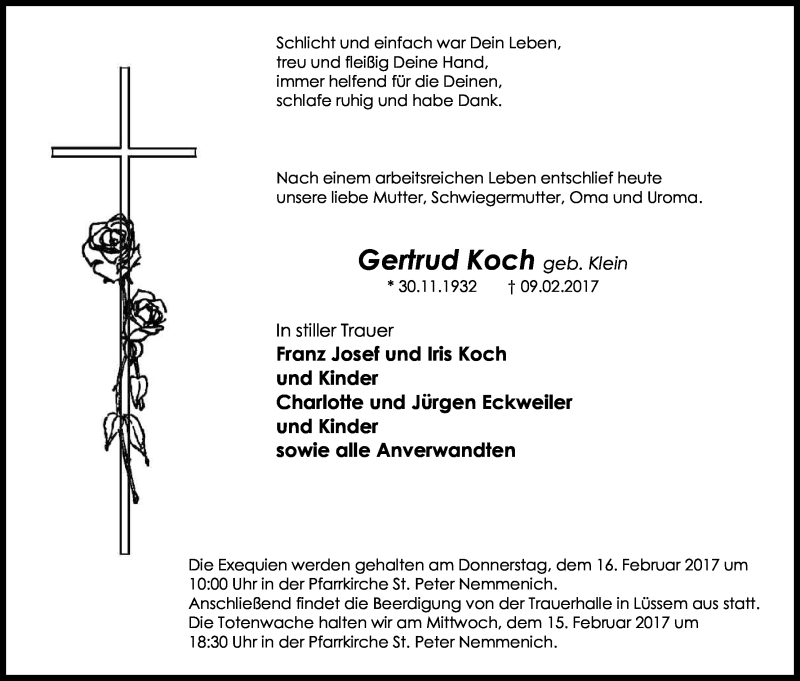  Traueranzeige für Gertrud Koch vom 13.02.2017 aus Kölner Stadt-Anzeiger / Kölnische Rundschau / Express