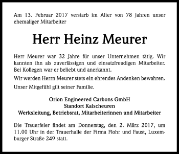 Anzeige von Heinz Meurer von Kölner Stadt-Anzeiger / Kölnische Rundschau / Express