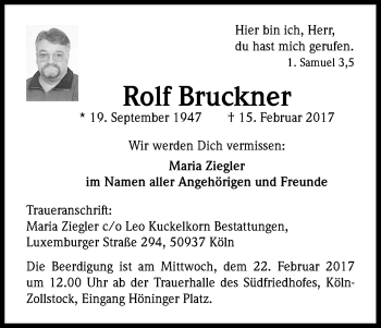 Anzeige von Rolf Bruckner von Kölner Stadt-Anzeiger / Kölnische Rundschau / Express