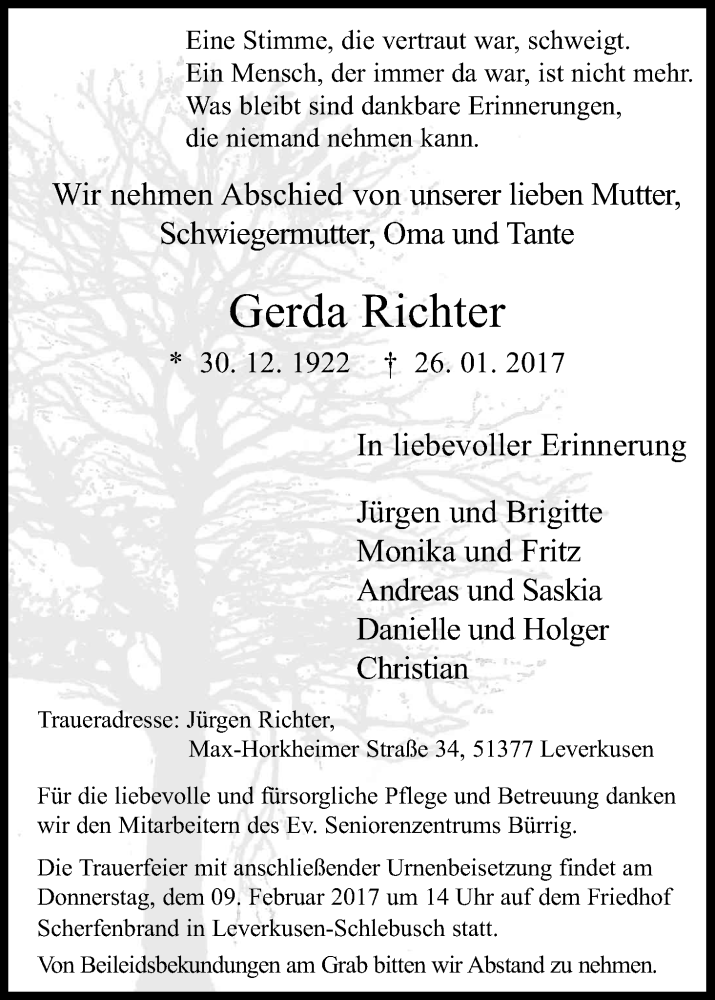  Traueranzeige für Gerda Richter vom 04.02.2017 aus Kölner Stadt-Anzeiger / Kölnische Rundschau / Express