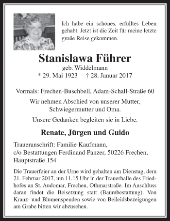 Anzeige von Stanislawa Führer von  Wochenende 