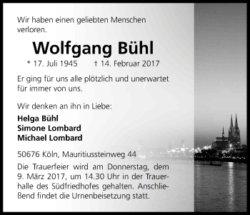 Anzeige von Wolfgang Bühl von Kölner Stadt-Anzeiger / Kölnische Rundschau / Express