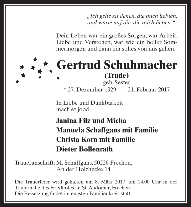  Traueranzeige für Gertrud Schuhmacher vom 01.03.2017 aus  Wochenende 