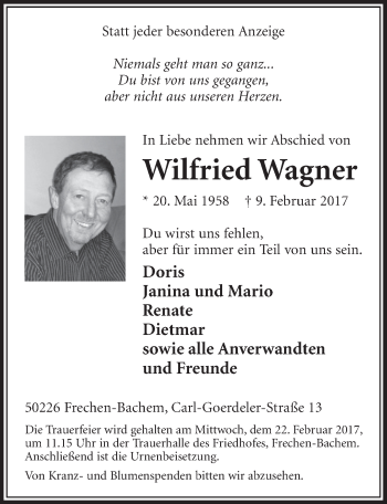 Anzeige von Wilfried Wagner von  Sonntags-Post 