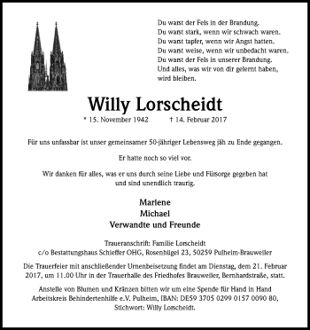 Anzeige von Willy Lorscheidt von Kölner Stadt-Anzeiger / Kölnische Rundschau / Express