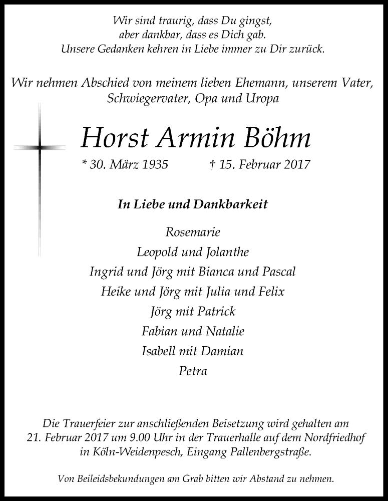  Traueranzeige für Horst Armin Böhm vom 18.02.2017 aus Kölner Stadt-Anzeiger / Kölnische Rundschau / Express