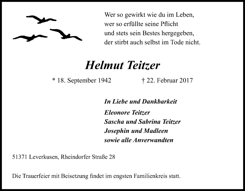  Traueranzeige für Helmut Teitzer vom 01.03.2017 aus Kölner Stadt-Anzeiger / Kölnische Rundschau / Express