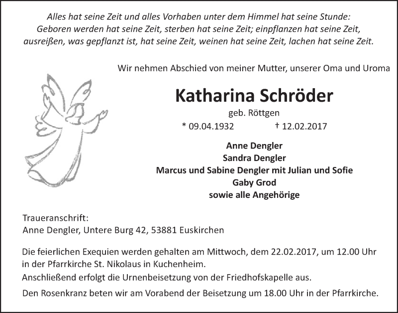  Traueranzeige für Katharina Schröder vom 18.02.2017 aus  Blickpunkt Euskirchen 