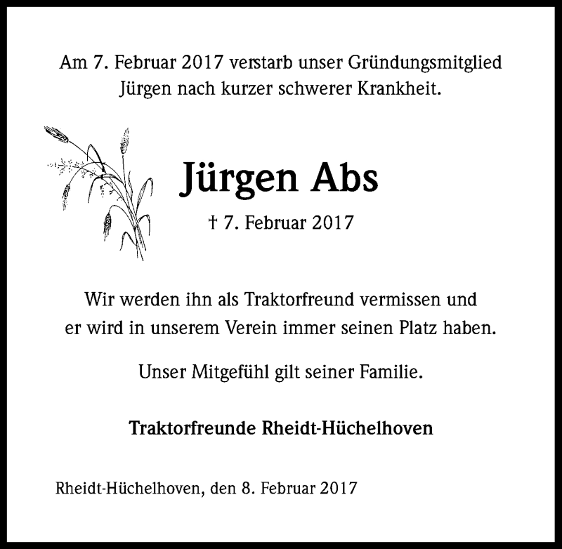  Traueranzeige für Jürgen Abs vom 11.02.2017 aus Kölner Stadt-Anzeiger / Kölnische Rundschau / Express