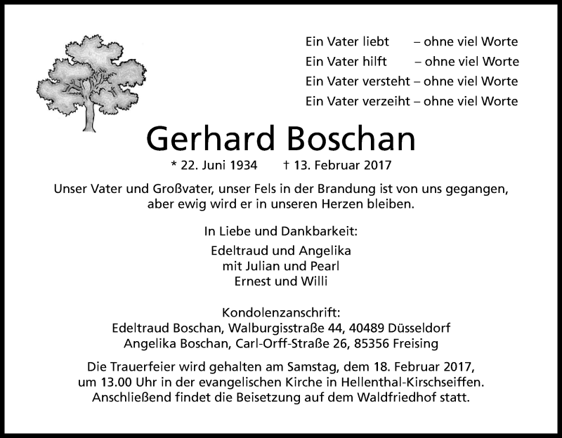  Traueranzeige für Gerhard Boschan vom 15.02.2017 aus Kölner Stadt-Anzeiger / Kölnische Rundschau / Express