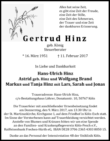 Anzeige von Gertrud Hinz von Kölner Stadt-Anzeiger / Kölnische Rundschau / Express