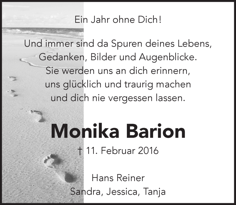  Traueranzeige für Monika Barion vom 08.02.2017 aus  Bergisches Handelsblatt 