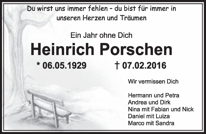  Traueranzeige für Heinrich Porschen vom 04.02.2017 aus  Sonntags-Post 