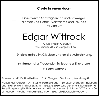 Anzeige von Edgar Wittrock von Kölner Stadt-Anzeiger / Kölnische Rundschau / Express