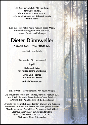 Anzeige von Dieter Dünnweller von Kölner Stadt-Anzeiger / Kölnische Rundschau / Express