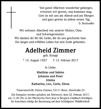 Anzeige von Adelheid Zimmer von Kölner Stadt-Anzeiger / Kölnische Rundschau / Express