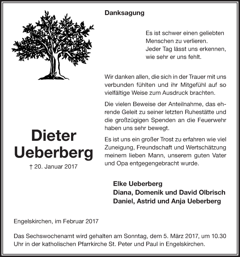  Traueranzeige für Dieter Ueberberg vom 01.03.2017 aus  Anzeigen Echo 