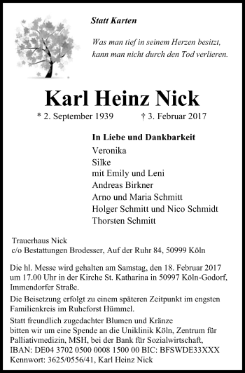 Anzeige von Karl Heinz Nick von  Kölner Wochenspiegel 