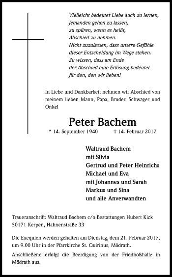 Anzeige von Peter Bachem von Kölner Stadt-Anzeiger / Kölnische Rundschau / Express