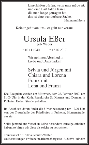 Anzeige von Ursula Eßer von  Sonntags-Post 