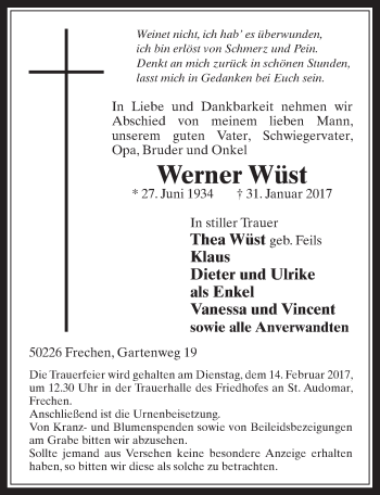 Anzeige von Werner Wüst von  Wochenende 