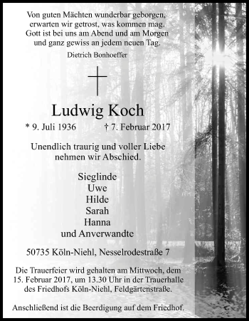 Anzeige von Ludwig Koch von Kölner Stadt-Anzeiger / Kölnische Rundschau / Express