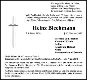 Anzeige von Heinz Blechmann von Kölner Stadt-Anzeiger / Kölnische Rundschau / Express
