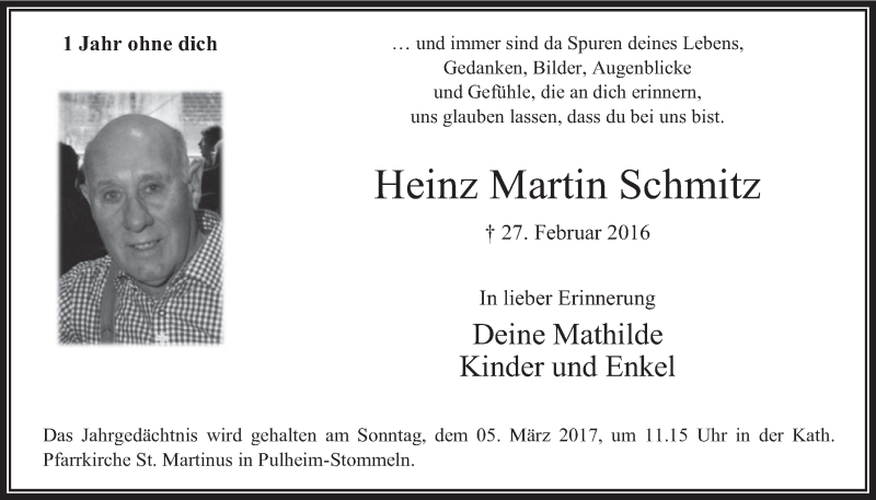 Traueranzeige für Heinz Martin Schmitz vom 22.02.2017 aus  Wochenende 