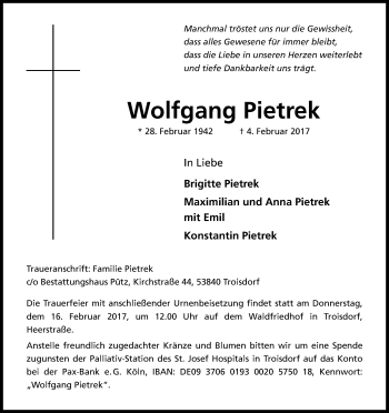 Anzeige von Wolfgang Pietrek von Kölner Stadt-Anzeiger / Kölnische Rundschau / Express