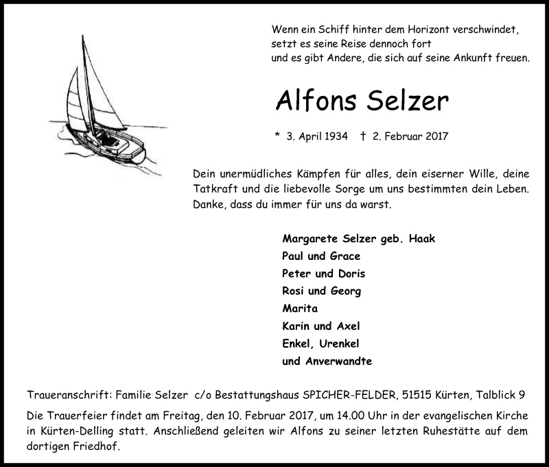  Traueranzeige für Alfons Selzer vom 07.02.2017 aus Kölner Stadt-Anzeiger / Kölnische Rundschau / Express