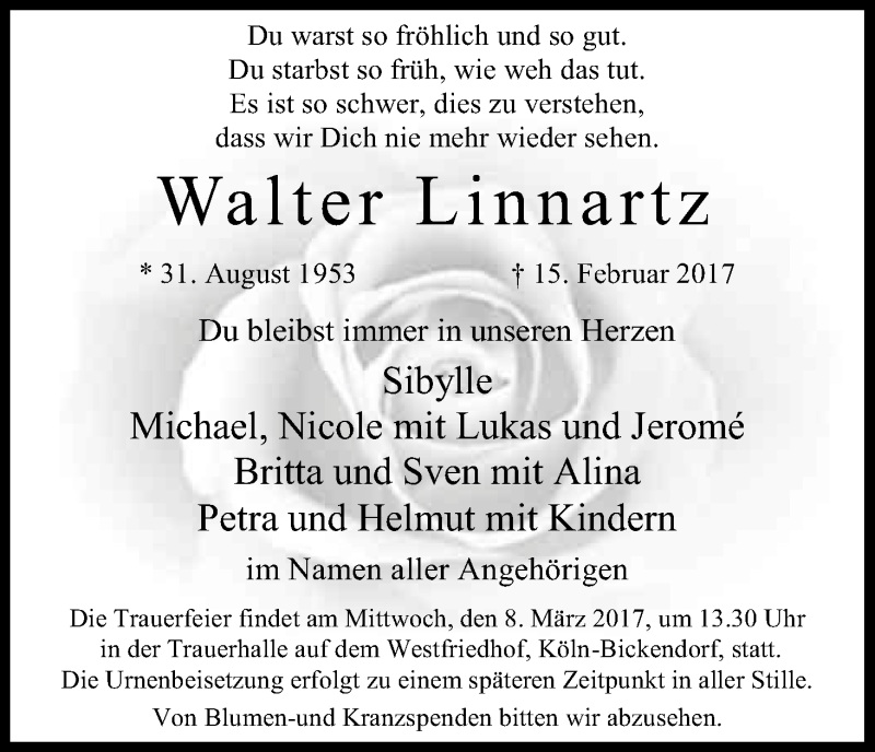  Traueranzeige für Walter Linnartz vom 01.03.2017 aus Kölner Stadt-Anzeiger / Kölnische Rundschau / Express