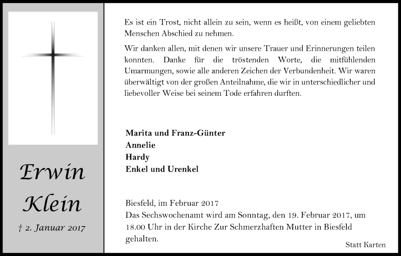  Traueranzeige für Erwin Klein vom 11.02.2017 aus Kölner Stadt-Anzeiger / Kölnische Rundschau / Express