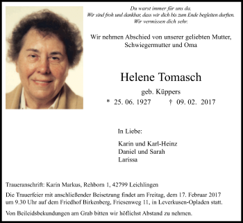 Anzeige von Helene Tomasch von Kölner Stadt-Anzeiger / Kölnische Rundschau / Express