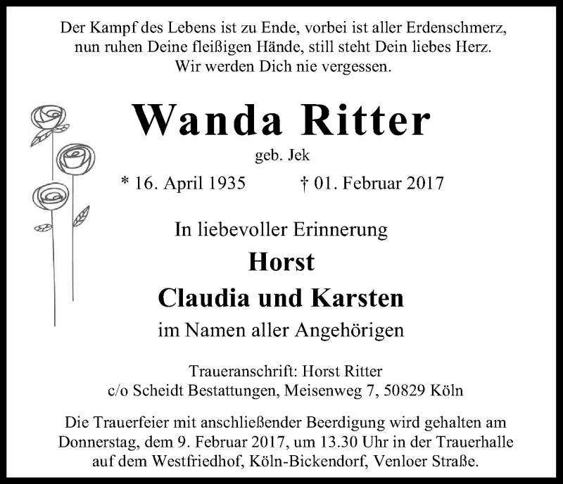  Traueranzeige für Wanda Ritter vom 04.02.2017 aus Kölner Stadt-Anzeiger / Kölnische Rundschau / Express