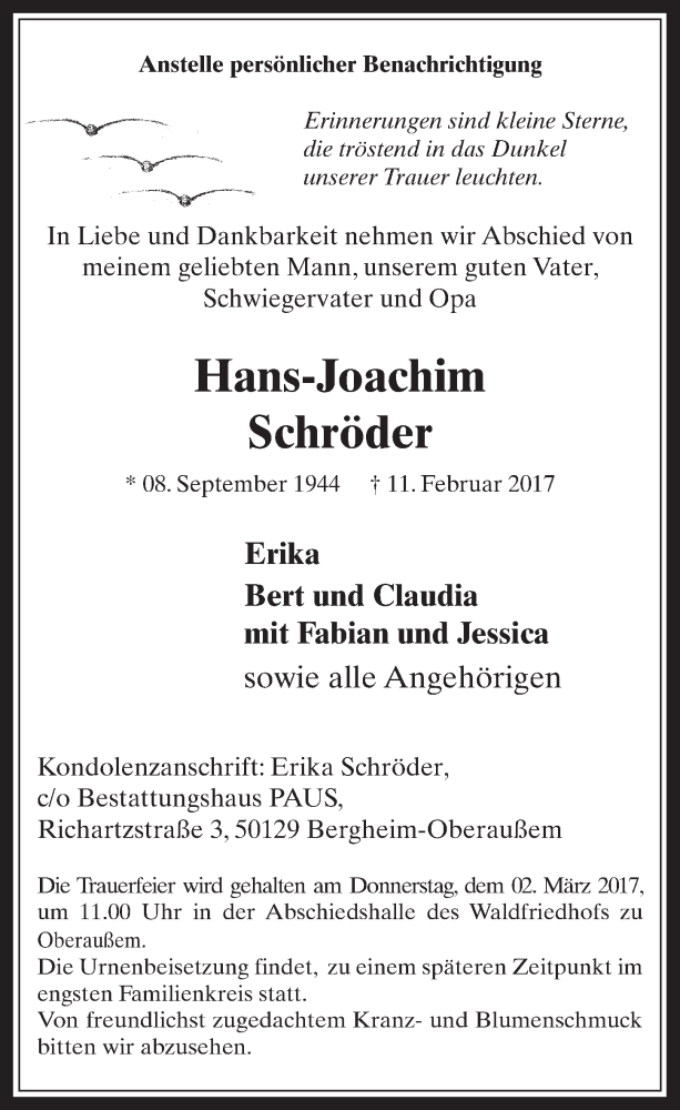  Traueranzeige für Hans-Joachim Schröder vom 22.02.2017 aus  Werbepost 