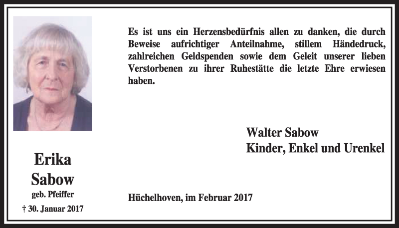  Traueranzeige für Erika Sabow vom 25.02.2017 aus  Sonntags-Post 