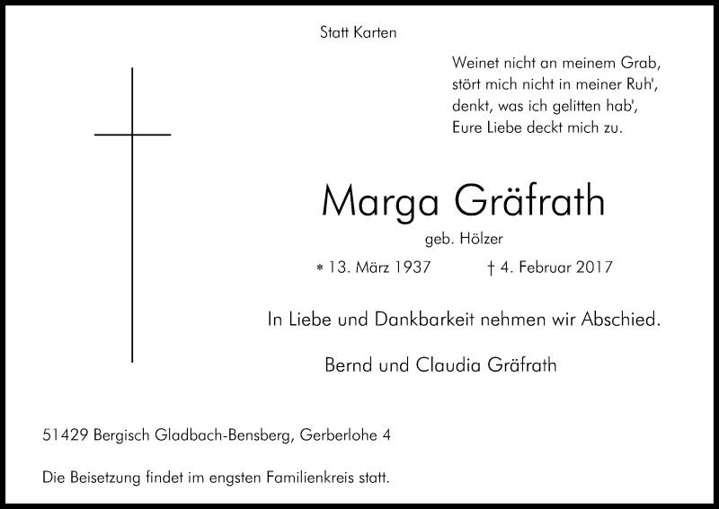  Traueranzeige für Marga Gräfrath vom 11.02.2017 aus Kölner Stadt-Anzeiger / Kölnische Rundschau / Express