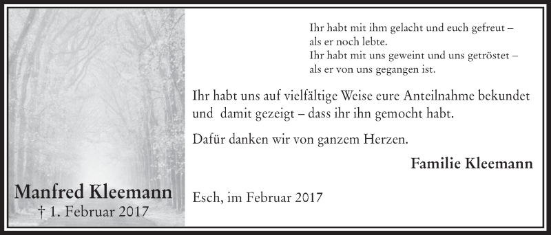  Traueranzeige für Manfred Kleemann vom 01.03.2017 aus  Werbepost 