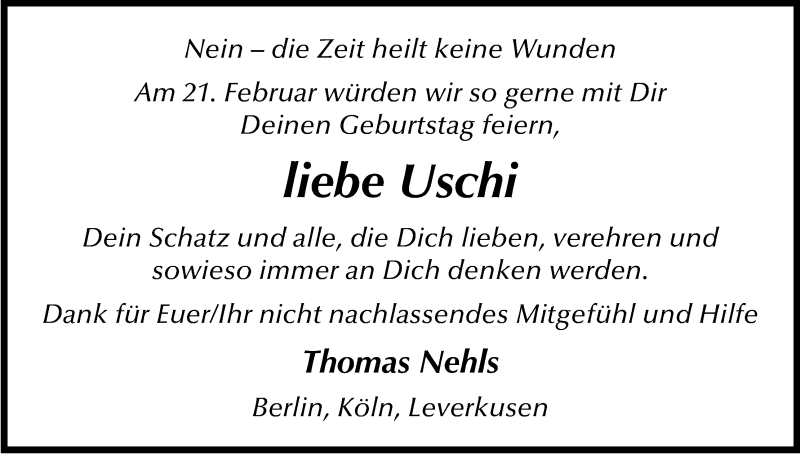  Traueranzeige für Uschi  vom 18.02.2017 aus Kölner Stadt-Anzeiger / Kölnische Rundschau / Express