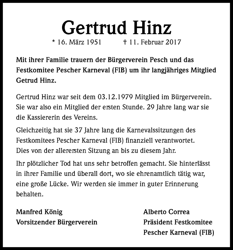  Traueranzeige für Gertrud Hinz vom 25.02.2017 aus Kölner Stadt-Anzeiger / Kölnische Rundschau / Express