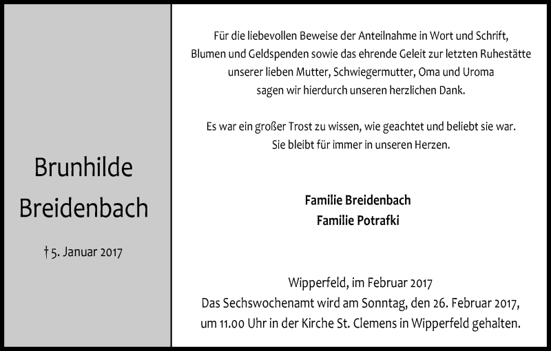  Traueranzeige für Brunhilde Breidenbach vom 18.02.2017 aus Kölner Stadt-Anzeiger / Kölnische Rundschau / Express